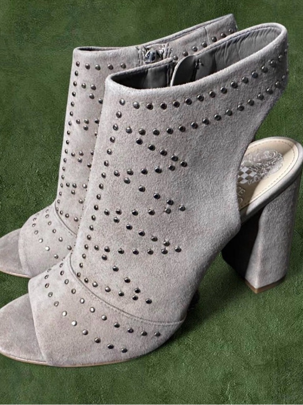 Vince Camuto Light Taupe Studded Suede Peep-Toe Mules